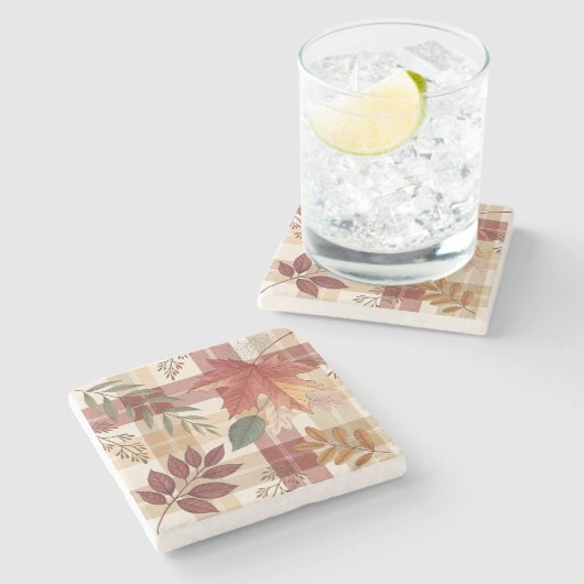 Rustic Autumn Plaid & Leaves | Stone Coaster Stenen Onderzetter (Zijkant)