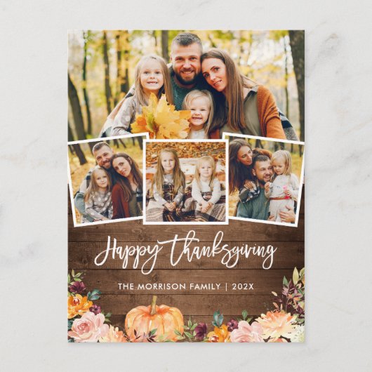 Rustic Autumn Pumpkin Floral Thanksgiving Foto Briefkaart (Voorkant)