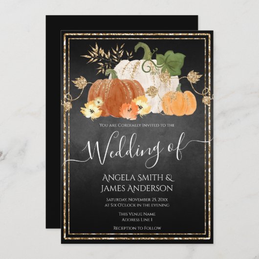 Rustic Autumn Pumpkin Glitter Wedding Invitation Kaart (Voorkant / Achterkant)