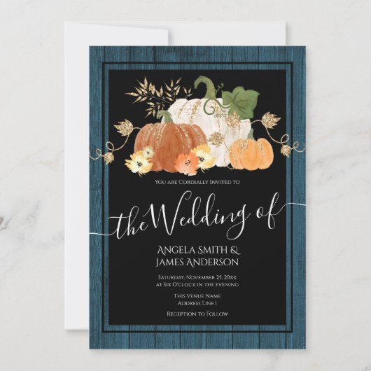 Rustic Autumn Pumpkin Glitter Wedding Invitation Kaart (Voorkant)