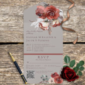 Rustic Autumn Rust Floral Grey QR Code All In One Uitnodiging