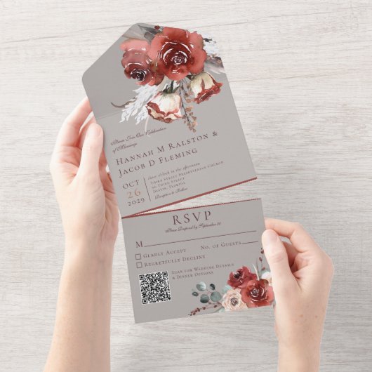 Rustic Autumn Rust Floral Grey QR Code All In One Uitnodiging (Afscheurbaar)