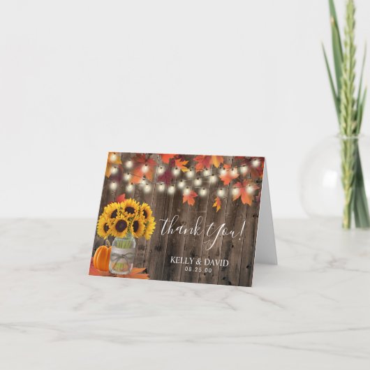 Rustic Autumn Sunflower Jar Fall Weddenschap Bedankkaart (Voorkant)