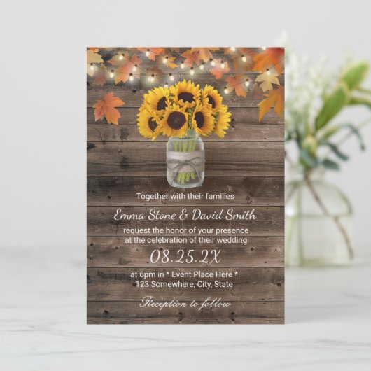 Rustic Autumn Sunflower Jar String Lights Wedding Kaart (Staand voorkant)