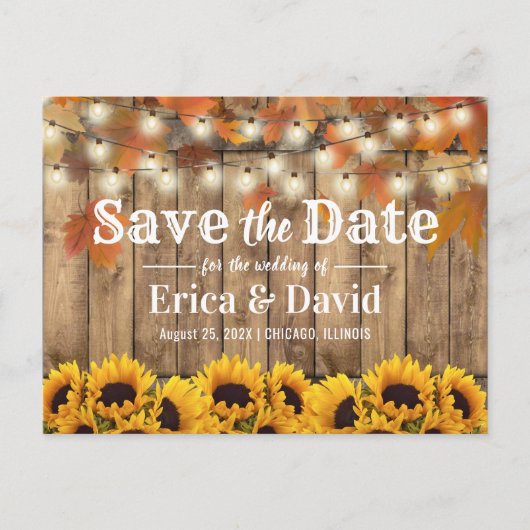 Rustic Autumn Sunflower & Leaves Barn Wedding Aankondigingskaart (Voorkant)