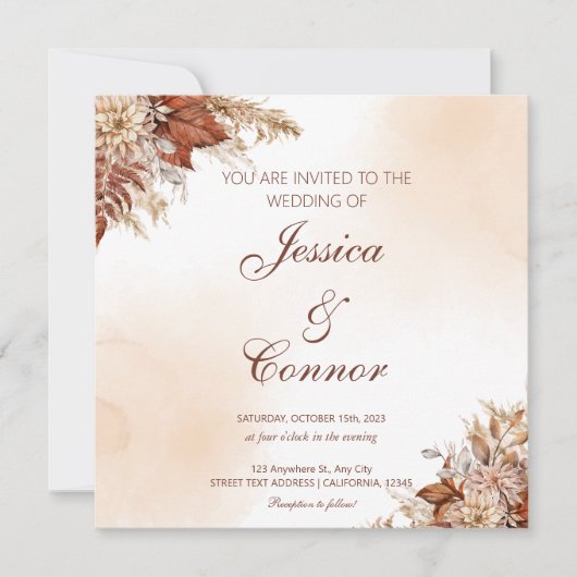 Rustic Autumn Waterverf Floral Wedding Kaart (Voorkant)