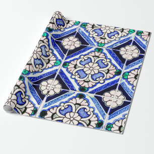 Rustic Azulejo Spain Pattern Tiles Navy White Cadeaupapier