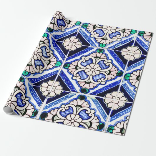 Rustic Azulejo Spain Pattern Tiles Navy White Cadeaupapier (Uitgerold)