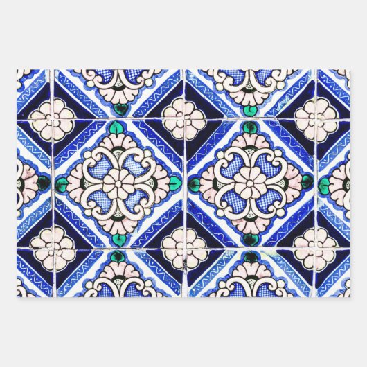 Rustic Azulejo Spain Pattern Tiles Navy White Inpakpapier Vel (Voorkant 3)