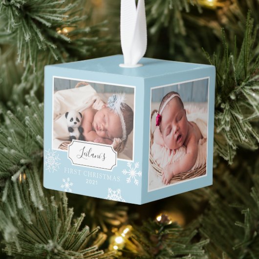 Rustic Baby Blue Photo Collage Snow Kubus Ornament (Boom)