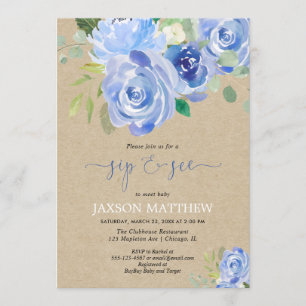 Rustic Baby boy Sip zie blauwe bloemen waterverven Kaart