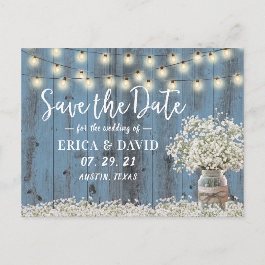 Rustic Baby's Breath Dusty Blue Save the Date Aankondigingskaart (Voorkant)