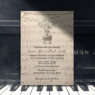 Rustic Baby's Breath Floral Jar Musical Wedding Kaart