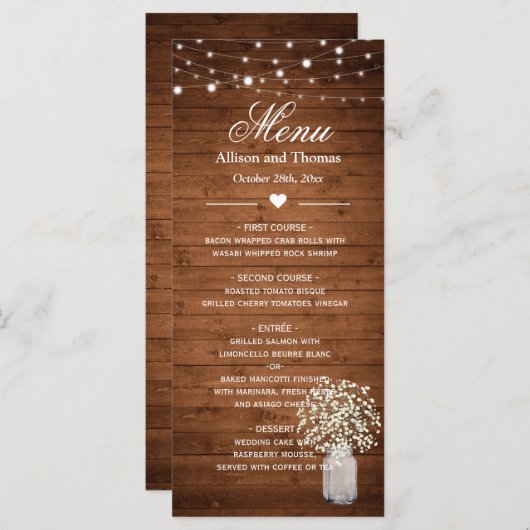 Rustic Baby's Breath Lights Menu Mariage (Devant / Derrière)