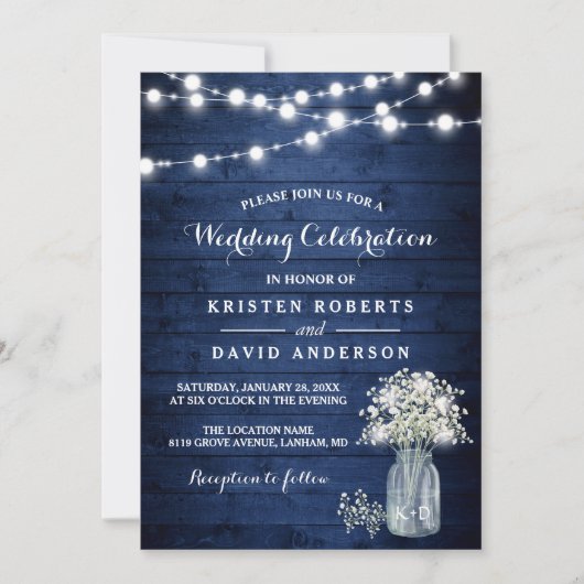 Rustic Baby's Breath Lights Navy Blue Wedding Kaart (Voorkant)