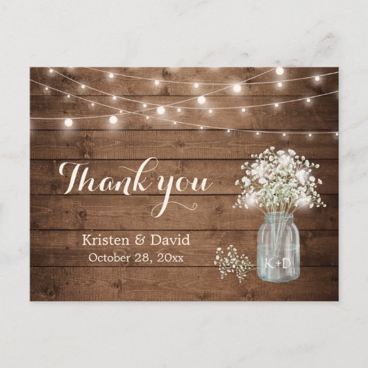 Rustic Baby's Breath Mason Jar Lights Bedankt Briefkaart (Voorkant)
