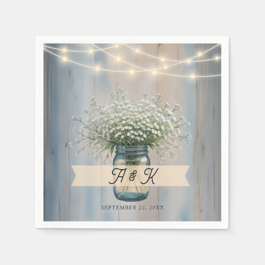 Rustic Baby's Breath Mason Jar Wedding Napkins Servet (Voorkant)