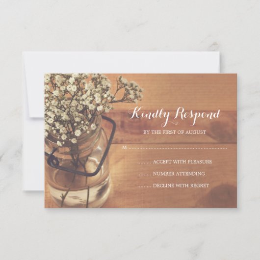Rustic Baby's Breath Mason Jar Wood Wedding RSVP (Devant)