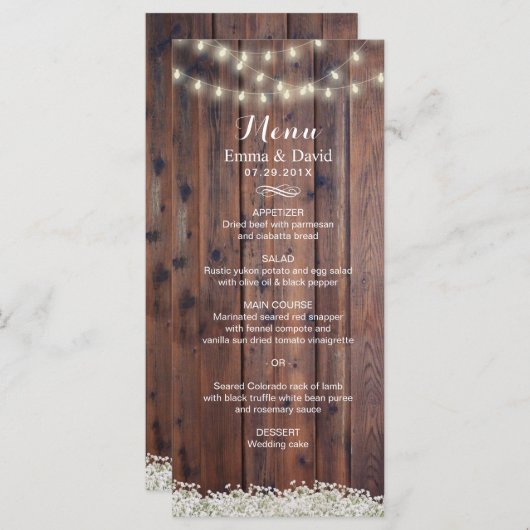 Rustic Baby's Breath & String Lights Menu Mariage (Devant / Derrière)
