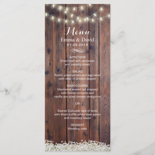 Rustic Baby's Breath & String Lights Wedding Menu (Voorkant)