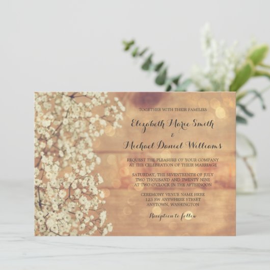 Rustic Baby's Breath Wood Wedding Invitations (Debout devant)