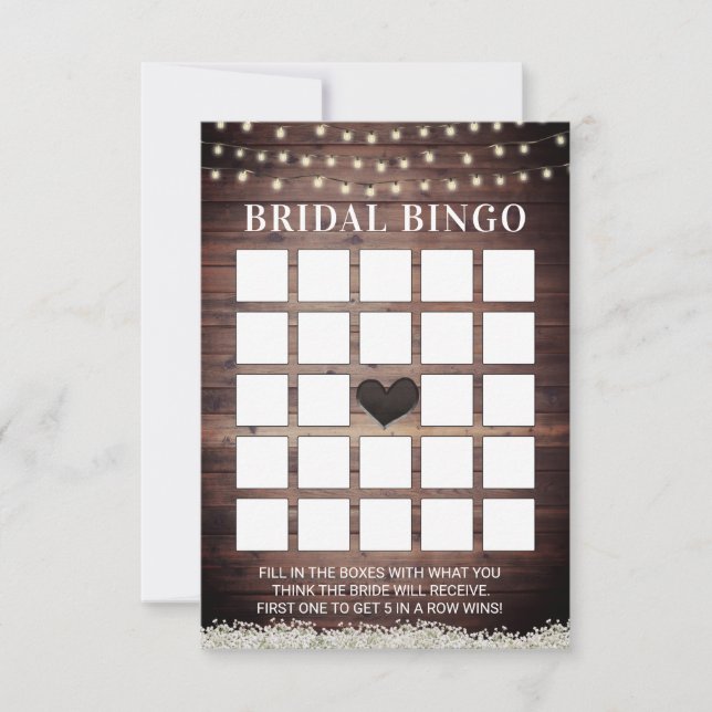 Rustic Baby's Breath Wooden Bridal Bingo Kaarten (Voorkant)
