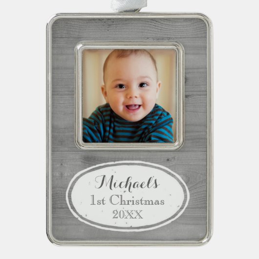 Rustic Baby's eerste kerstversiering Verzilverd Kader Ornament (Voorkant)