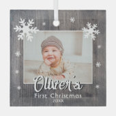 Rustic Baby's First Kerstwood Snowflake Photo Glas Ornament (Voorkant)