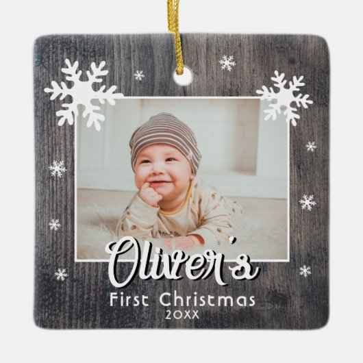 Rustic Baby's First Kerstwood Snowflake Photo Keramisch Ornament (Voorkant)