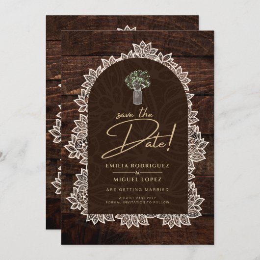 Rustic Backyard Woodland Wood Lace SAVE DATES Kaart (Voorkant / Achterkant)