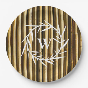 Rustic Bamboo Monogram Vertical Lines Pattern Papieren Bordje