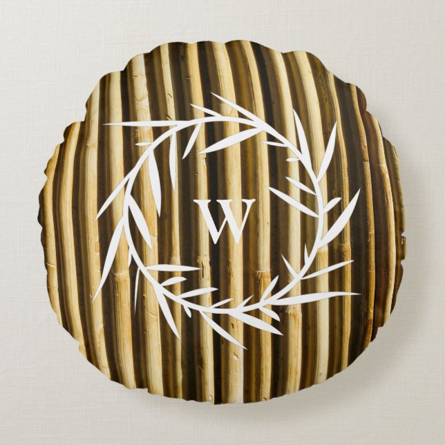 Rustic Bamboo Monogram Vertical Lines Pattern Rond Kussen (Voorkant)