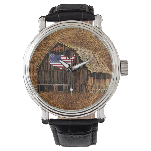 Rustic Barn American Flag Horloge (Voorkant)