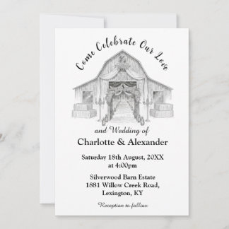 Rustic Barn Black and White Wedding Invitation Kaart