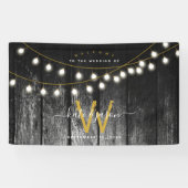 Rustic Barn Black Wood Gold String Lights Wedding Spandoek (Horizontaal)