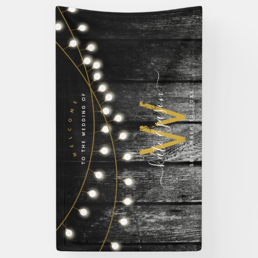 Rustic Barn Black Wood Gold String Lights Wedding Spandoek (Verticaal)