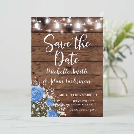 Rustic Barn Blue Roos Baby's Schatten de datum op Kaart (Staand voorkant)