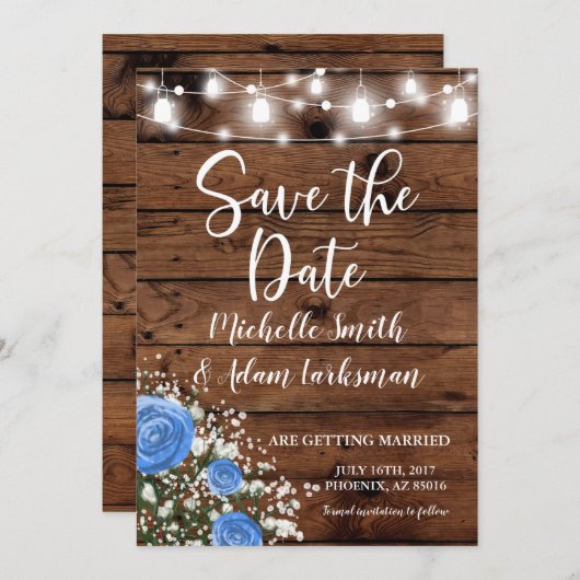 Rustic Barn Blue Roos Baby's Schatten de datum op Kaart (Voorkant / Achterkant)