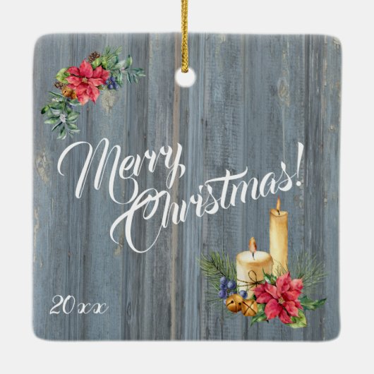 Rustic Barn Board en Poinsettias | Familiefoto Keramisch Ornament (Achterkant)