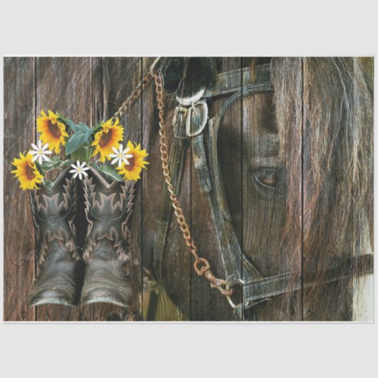 Rustic Barn Board Horse Cowboy Boots zonnebloemen Tissuepapier (Voorkant)