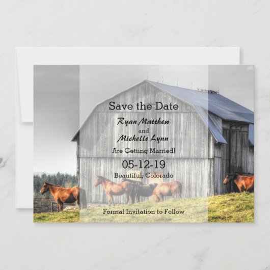 Rustic Barn en paarden sparen de Datum Weddenschap Kaart (Voorkant)