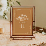 Rustic Barn Goldenrod Mariage Numéro de table<br><div class="desc">Illustration de la grange rustique au sommet de la frontière botanique d'art de ligne. L'Arrière - plan est de couleur or.</div>