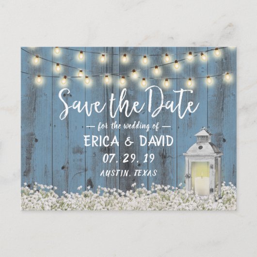 Rustic Barn Lantern Dusty Blue Save the Date Aankondigingskaart (Voorkant)