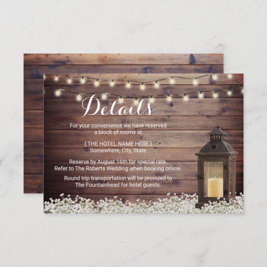 Rustic Barn Lantern String Light Wedding Details Kaart (Voorkant / Achterkant)