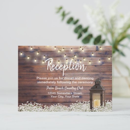 Rustic Barn Lantern String Light Wedding Reception Kaart (Staand voorkant)