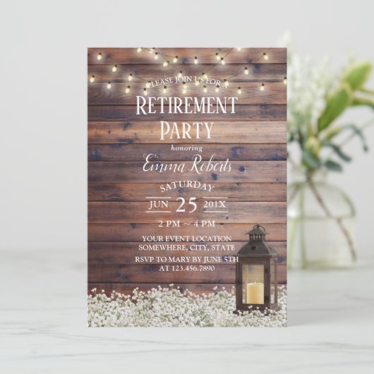 Rustic Barn Lantern String Lights Retirement Party Kaart (Staand voorkant)