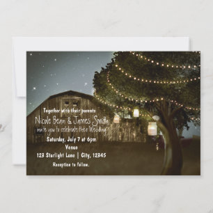 Rustic Barn & Tree Lights Wedding Invitations Kaart