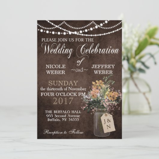 Rustic Barn Wedding String Lights Mason Jar Kaart (Staand voorkant)