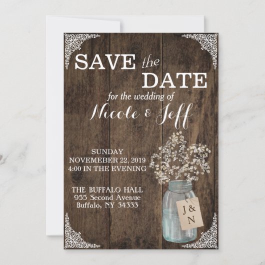 Rustic Barn Wedding Wood Mason Jar Babys Save The Date (Voorkant)