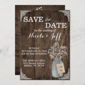 Rustic Barn Wedding Wood Mason Jar Babys Save The Date (Voorkant / Achterkant)